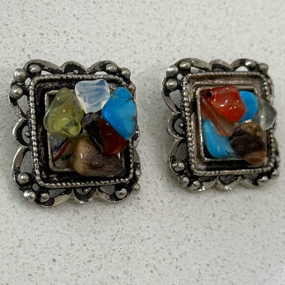 Artisan Glass Stone Clip On Earrings - Picture 1 of 8
